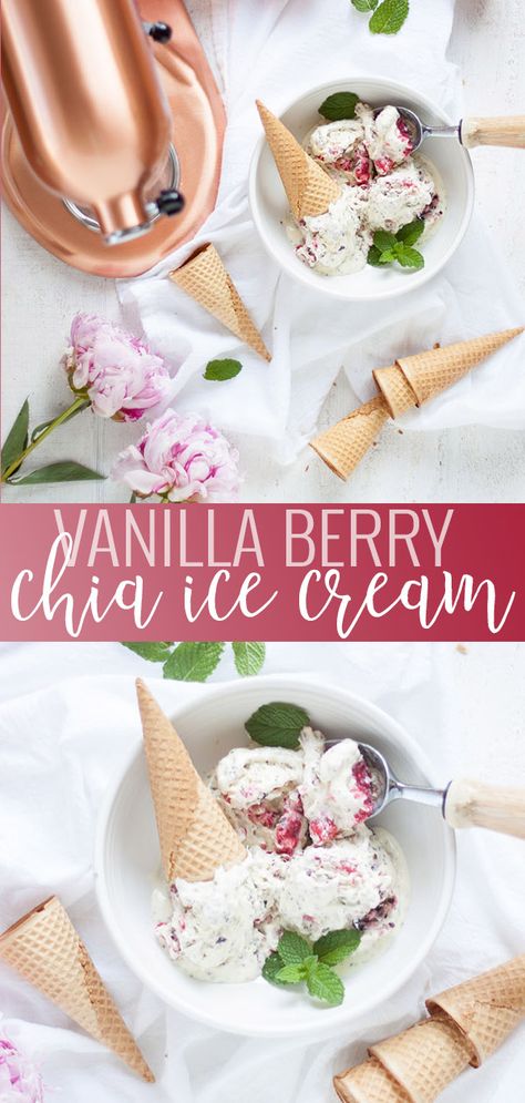 Vanilla Berry Chia Seed Ice Cream | homemade ice cream recipes | ice cream recipes homemade | easy ice cream recipes | how to make homemade ice cream | berry flavored ice cream recipes | summer dessert recipes | homemade summer desserts | summer sweet recipes || Oh So Delicioso #recipe #dessert #icecream #icecreamrecipe #homemadeicecream Kitchenaid Ice Cream Maker Recipes Dairy Free, Healthy Ice Cream Kitchenaid, Vegan Ice Cream Recipe No Churn, Frozen Fruit Ice Cream Dairy Free, Homemade Strawberry Ice Cream No Eggs, Kitchenaid Ice Cream Maker, Easy Ice Cream Recipe, Making Homemade Ice Cream, Ice Cream Maker Recipes