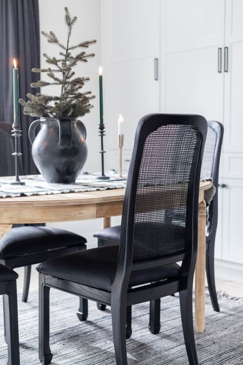 Black Dining Chairs With Cushions, Diy Cane Chair, Black Cane Dining Chairs, Black Cane Chairs, Gym Playroom, Cane Chair Makeover, Dining Chair Makeover, Cane Dining Chairs, Fun Diy Projects