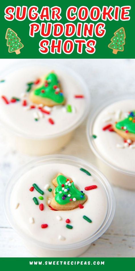 These Sugar Cookie Pudding Shots are made with vanilla pudding, sugar cookie creamer, heavy cream, vodka, sprinkles and mini sugar cookies. For more recipes follow me here on Pinterest. #sugarcookie #puddingshots #christmasdrinks Grinch Pudding Shots, Sugar Cookie Shots, Sugar Cookie Jello Shots, Snickerdoodle Pudding Shots, Christmas Cookie Shots, New Years Pudding Shots, Christmas Cookie Pudding Shots, Christmas Cookie Jello Shots, Cookie Dough Pudding Shots