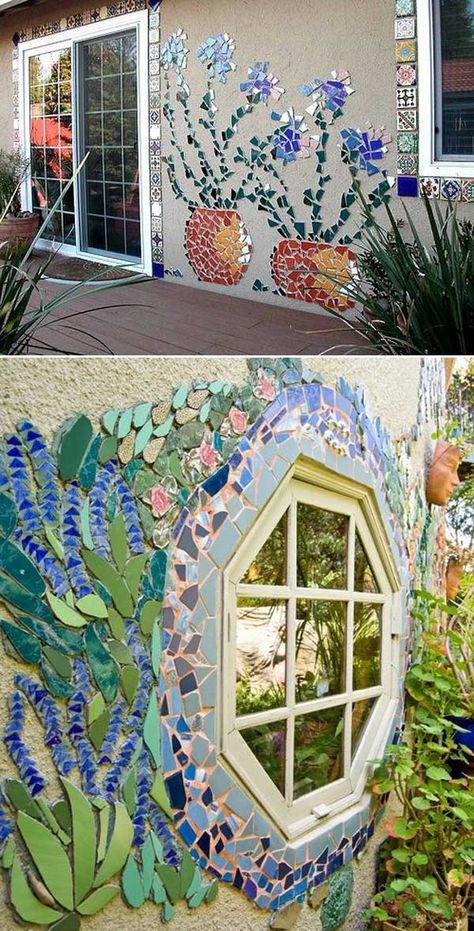 Backyard Mosaic Ideas, Painting Garden Pots Ideas, Cool Garden Ideas Backyards, Outdoor Wall Mosaic Ideas, Outdoor Mosaic Ideas, Mosaic Art Ideas Easy, Diy Outdoor Decorations, Diy Backyard Decor, Outside Wall Art