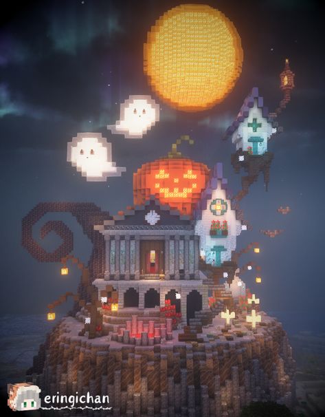 Halloween Minecraft Village, Minecraft Lush House, Minecraft Ghost Build, Halloween House Minecraft, Minecraft Scary Builds, Minecraft Halloween Build, Witchy Minecraft, Creepy Minecraft, Minecraft Halloween Builds