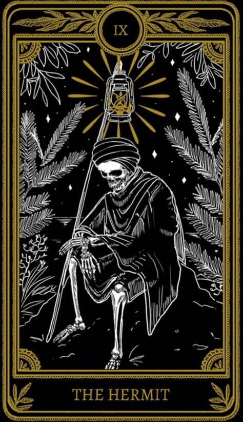 Marigold Tarot Cards, Tarot Card Hermit, Tarot Cards The Hermit, The Hermit Tarot Card Art, Skeleton Tarot Cards, Tarot Cards Design, Tarot The Hermit, Tarot Card Designs, The Hermit Tarot Card