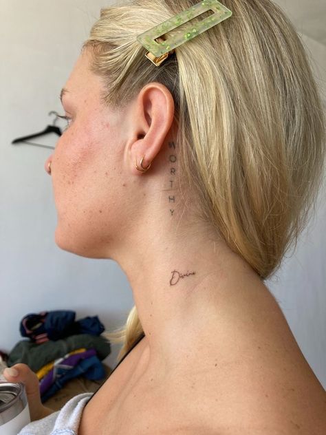 Divine tattoo Divine Tattoo Behind Ear, Divine In Cursive Tattoo, Line Cursive Tattoo, Fine Line Cursive Tattoo, Divine Tattoo, Cursive Tattoo, Tattoo Behind Ear, Cursive Tattoos