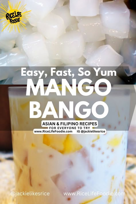 mango bango with nata de coco pinterest pin Mango Fruit Recipes, Biko Recipe Filipino Desserts, Mango Bango Recipe, Mango Sago Dessert Recipe, Filipino Recipes Easy, Filipino Mango, Mango Desert, Mango Sago Recipe, Buko Pandan Recipe