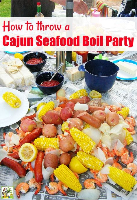 Learn how to throw a Cajun Seafood Boil Party. Includes tips on boil equipment, Cajun seasoning, how to buy crawfish, and substituting crawfish for seafood. #shrimp #recipes #easy #recipeoftheday #partyideas #partyfood #seafoodrecipes #seafood #crawfish #shrimp #shrimprecipes Seafood Boil Seasoning, Shrimp Boil Party, Crab Boil Party, Seafood Broil, Seafood Dinner Party, Cajun Seafood Boil, Fish Boil, Seafood Boil Party, Crawfish Boil Party