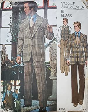 Vogue Pattern, Americana: Bill Blass, Pattern 2916, Size 44 1970s Mens Fashion, Suit Sewing Patterns, Mens Sewing Patterns, 1970s Men, Mens Vest Jacket, Vest And Pants, 70s Men, Vogue Men, Suit Pattern