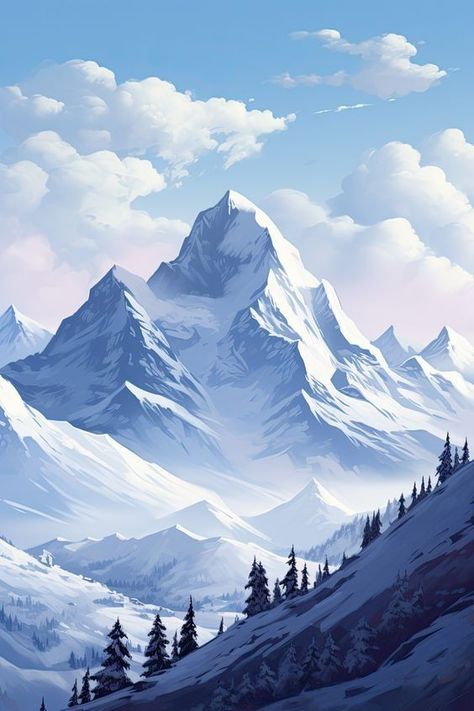 Snow Mountains Illustration, Conceptual Tattoo, Ski Painting, Motorcycle Art Painting, Winter Mountains, Mountain Landscape Photography, Landscape Tattoo, Mountain Drawing, Winter Painting