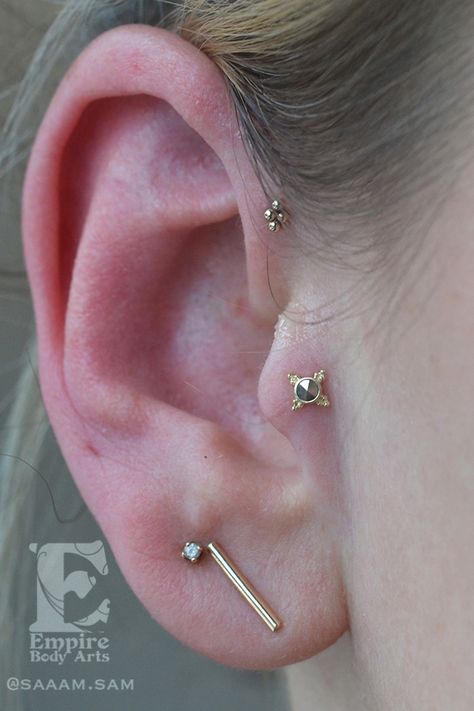 Forward Helix Earrings Impuria Ear Piercing Jewelry, Gold Forward Helix Piercing, Tragus Forward Helix Piercing, Tragus And Forward Helix Piercing, Forward Helix And Tragus, Forward Helix Piercing Ideas, Body Vision Los Angeles, Forward Helix Earrings, Ear Piercings Helix