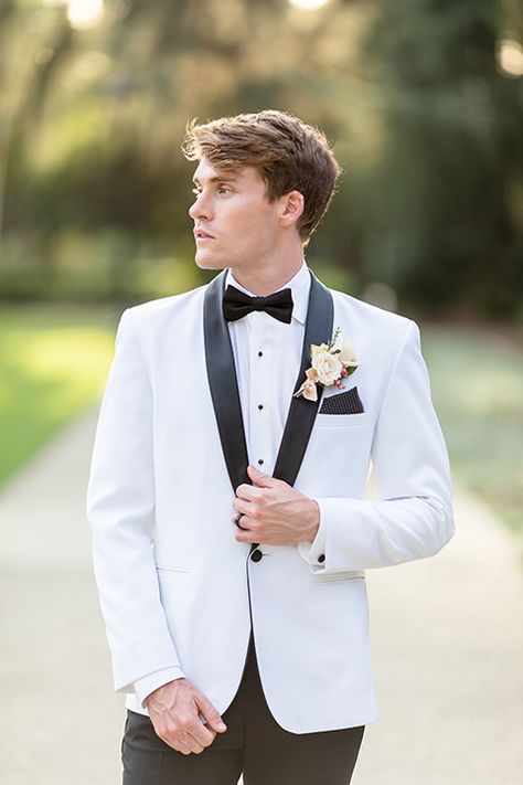 Classic Black + White Wedding Design at Pamona College | Stitch & Tie | Stitch & Tie White Tux With Black Trim, Prom Suit And Dress, White Prom Suit, Shawl Tuxedo, White Tuxedo Wedding, Prom 2k24, Tuxedo White, White Tuxedo Jacket, Tuxedo Styles