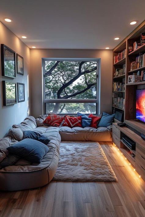 40 Small Bonus Room Ideas To Create a Tiny but Fabulous Space Tiny Entertainment Room Ideas, Basement Media Room Ideas Small Spaces, Small Common Room Ideas, Upstairs Common Area Ideas, Living Room With Workspace, Small Teen Hangout Space, Upstairs Small Loft Ideas, Tiny Media Room, Lounging Room Ideas