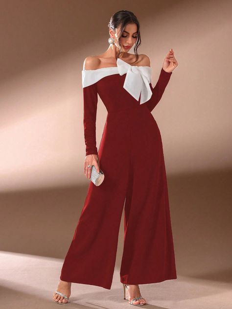 Burgundy Red Women's Colorblock Bow Detail Christmas Party Jumpsuit Burgundy Elegant  Sleeveless Woven Fabric Colorblock,Plain Unitard Slight Stretch  Weddings & Events, size features are:Bust: ,Length: ,Sleeve Length: Christmas Party Jumpsuit, Red Christmas Card, Fancy Jumpsuit, Sparkly Jumpsuit, Party Jumpsuit, Burgundy Jumpsuit, Christmas Outfit Ideas, Trendy Christmas Outfits, Christmas Party Outfits