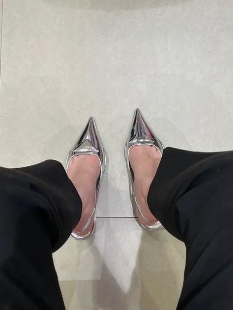 Metallics | 8 New 2023 Fashion Trends You Need in Your Closet Prada Pumps Outfit, Prada Silver Heels, Prada Slingback Pumps Outfit, Prada Slingback Pumps, Silver Shoes Outfit, Prada Slingback, Maxi Denim Skirts, Versace Heels, Pumps Outfit