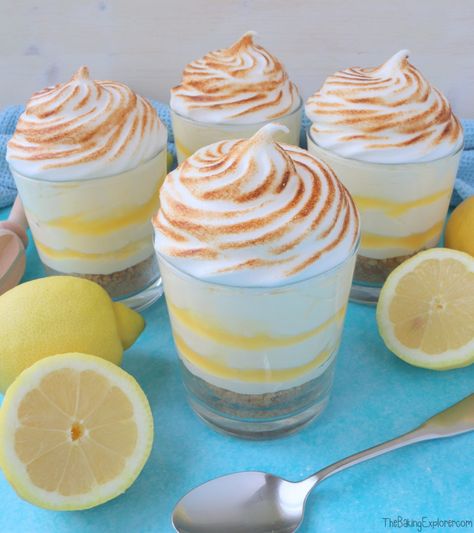 Lemon Meringue Dessert Pots - The Baking Explorer Easy Mini Desserts Recipes, Mini Dessert Easy, Meringue Dessert, Dessert Pots, Shot Glass Desserts, Mini Dessert Recipes, Meringue Desserts, Dessert Shooters, Coconut Dessert