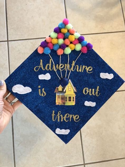 Up Grad Cap Ideas, Up Theme Graduation Cap, Up Movie Graduation Cap, Adventure Is Out There Grad Cap, Graduation Cap Designs Up Disney, Pixar Graduation Cap, Movie Graduation Cap Ideas, Cars Graduation Cap Disney, Graduation Cap Designs Coraline