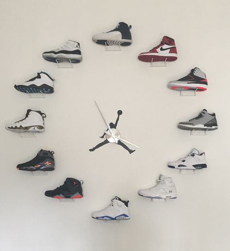 My jordan clock project finally complete Jordan Clock Shoes, Jordan Clock Wall, Jordan Display, Jordan Clock, Clock Project, Sneakerhead Room, Shoe Store Design, Sneaker Displays, Sneaker Storage