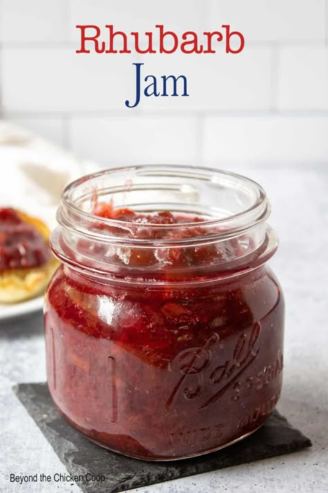 Delicious homemade rhubarb jam made with just three ingredients - fresh rhubarb, sugar and lemon juice. This easy to make jam doesn't require any canning. It's perfect spread on toast for breakfast or on a peanut butter sandwich for lunch. No pectin added! Rhubarb Jam No Pectin, Cooking Rhubarb, Rhubarb Ideas, Rhubarb Bread, Growing Rhubarb, Rhubarb Jam Recipes, Fresh Rhubarb, Strawberry Rhubarb Jam, Butter Sandwich