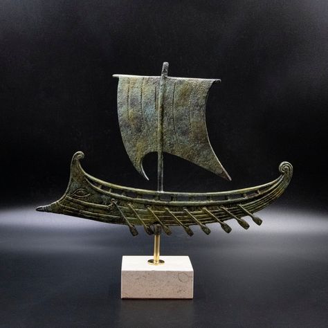 Ancient Greece Bronze Ship with Oars and Sail, Metal Warship Statue, Greek Ancient Vessel Art Sculpture, Marine Art Decor #livingroom #etsy #tabletop #bronze #ancientgreeceship #bronzewarship #shipmetalsculpture #shipoarsandsail #ancientgreekart #ancientgreekvessel Sail Sculpture, Ancient Greek Ship, Theatre Symbol, Greek Ship, Vessel Art, Greek Artifacts, Sculpture Greek, Statue Greek, Greek Decor