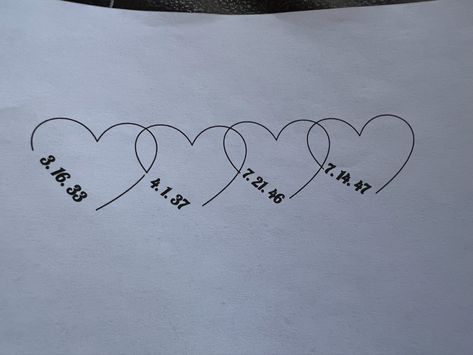 Four Heart Tattoo, Heart Tattoo With Dates, Tattoo With Dates, Tiny Disney Tattoo, Tattoos For Siblings, Heart Locket Tattoo, Tattoo Infinity, Grandparents Tattoo, Matching Tattoos For Siblings