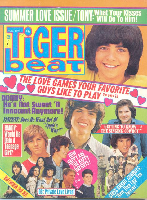 Tiger Beat, Aug. 1974 - DeFranco Family, Donny Osmond, Happy Days, Randy Mantooth, Vince Van Patten, Christopher Knight, and more Tiger Beat Magazine, Donny And Marie Osmond, David Carradine, Nostalgic Items, Bobby Sherman, 70's Party, Childhood Memories 80s, Tiger Beat, The Osmonds