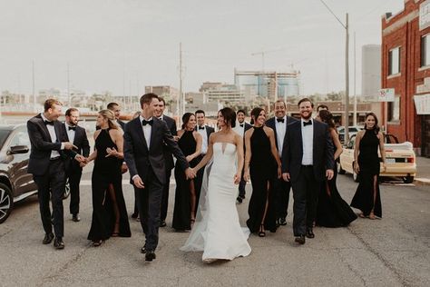 This Modern Classic Kansas City Wedding at Cherry Hall Popped Off with a Prosecco Truck | Junebug Weddings City Wedding Bridesmaids, City Wedding Party Photos, City Bridal Party Photos, Prosecco Truck, Bridal Party Photography, City Pics, City Wedding Photos, Dusty Orange, Downtown Kansas City