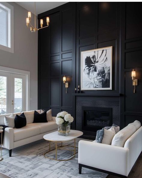 Black Accent Wall Living Room, Black Walls Living Room, Moody Living Room, Black Living Room Decor, Black Living, Feature Wall Living Room, Black Accent Walls, Black And White Living Room, Black Living Room