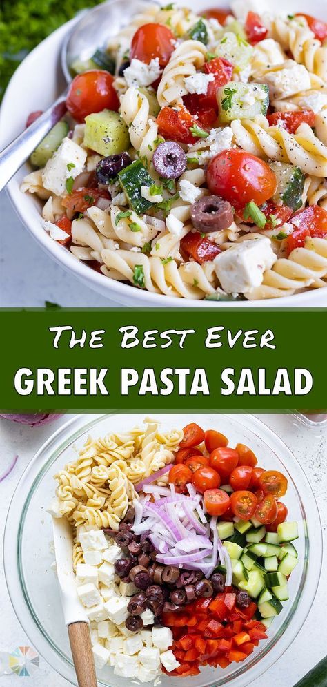 Pizza Sides Dishes, Papas Birthday, Pizza Side Dishes, Pizza Sides, Greek Pasta Salad Recipe, Greek Pasta Salad, Mediterranean Pasta Salads, Resep Pasta, Mediterranean Pasta