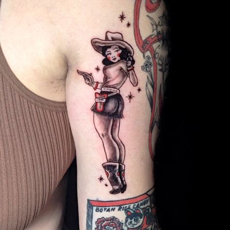 got to add this cutie vintage cowgirl to amrita's black n red arm!! thank u always friend 🖤🤠 . . . #tattoo #tattooapprentice #tattooartist #tattoostudent #pdxtattoo #portlandtattoo #queertattooartist #queertattooers #portlandtattooartist #oregontattoo #pnwtattoo #cowgirltattoo #vintagetattoo Goth Cowgirl Tattoo, Western Pinup Tattoo, Cowgirl Pinup Tattoo, Traditional Cowgirl Tattoo, Cowgirl Tattoo, Goth Cowgirl, Oregon Tattoo, Pnw Tattoo, Western Pinup