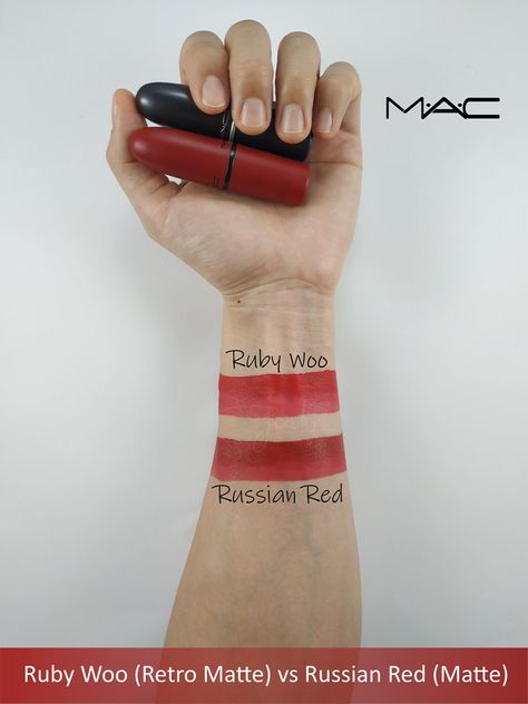 MAC Ruby Woo vs Russian Red Review/Swatches. Mac Ruby Woo Vs Russian Red, Russian Red Lipstick, Mac Russian Red, Mac Ruby Woo, Red Lipstick Makeup, Russian Red, Cat Eye Lash, Ruby Woo, Makeup Board