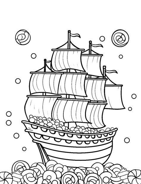 Candy Pirate Ship: A pirate ship full of candy on the high seas made of candy. (Free Printable Coloring Page for Kids) Pirate Ship Coloring Page, Teddy Bear Coloring Pages, Candy Coloring Pages, Pinterest Valentines, Heart Shaped Candy, Cotton Candy Clouds, Tree Coloring Page, Bear Coloring Pages, Birthday Wishes Messages