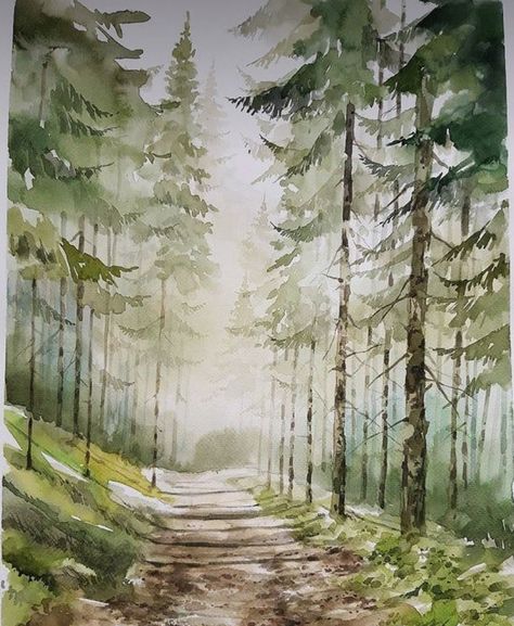 Mountain Lake Watercolor Painting, Mountain Scene Watercolor, Watercolor Sketchbook Inspiration, Watercolor Marsh Landscape Paintings, Watercolor Painting Forest, Watercolor Trees Landscape, Woodlands Watercolor, Watercolour Inspiration Landscape, Watercolor Art Mountains