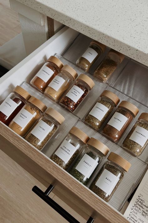 Marie Kondo Spice Bottle Labels curated on LTK Spice Bottle Labels, Seasoning Organization, Spice Jar Organization, Spice Drawer Organization, Spice Rack Ideas, Spices Storage, Seasoning Containers, Spice Organization Drawer, Spice Organizers