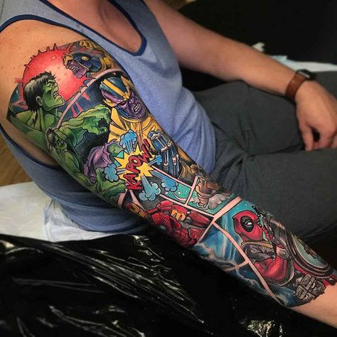 tattoo sleeve marvel comic books Comic Sleeve Tattoo, Marvel Tattoo Sleeve, Full Arm Sleeve Tattoo, Super Hero Tattoos, Avengers Room, Wizard Tattoo, Comic Book Tattoo, Hero Tattoo, Avengers Tattoo