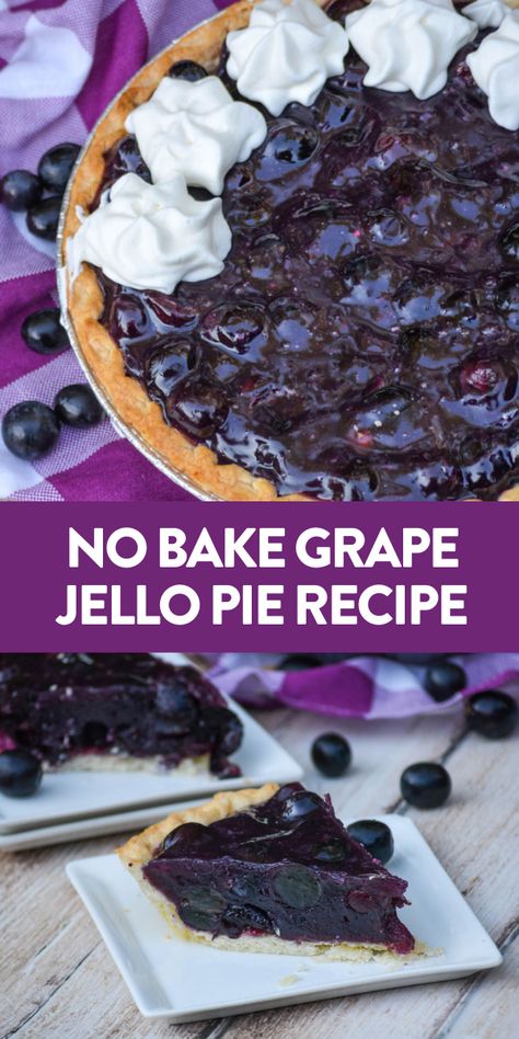 No bake grape JELLO pie is a refreshing summer treat you’ll love! Bursting with big grape flavor, this pie will cool you down and satisfy your sweet tooth all summer long! It is a great dessert that the entire family will love! #summer #dessert #nobake Grape Jello Dessert, Desserts With Grapes, Baking With Grapes, Grape Pie Recipe Easy, Grape Jello Recipes, Grape Pie Recipe, Grape Desserts, Grape Cake, Grape Dessert