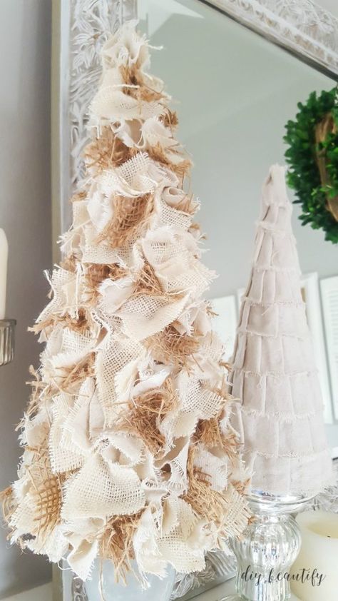 Canvas drop cloths are inexpensive and you can make so many things out of them. Click over to find 30 drop cloth projects you can make today! Fabric Xmas Trees, Cone Trees Diy, Fabric Trees Christmas Diy, Fabric Christmas Trees Diy, Cloth Trees, Country Christmas Decorations Diy, Burlap Decorations, Trees Tutorial, Burlap Christmas Decorations