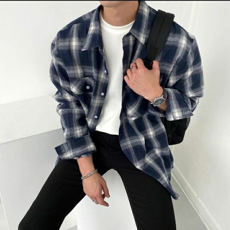 Flannel Outfits Men Korean, Outfit Kemeja Cowo, Flannel Fits Aesthetic, Checkered Flannel Outfit, Flanel Outfit Mens, Flanel Outfit Aesthetic Man, Blue Flannel Outfits Men, Kevin Ross, Blue Flannel Outfit