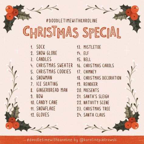 Karoline Pietrowski on Instagram: “Here it is #doodletimewithkaroline Christmas special prompt list! 🎄 I cant wait to see all your contributions. :) I try to do some digital…” Sketchbook Prompts, 30 Day Art Challenge, Art Journal Challenge, Ideas Illustration, Drawing Challenges, 30 Day Drawing Challenge, Daily Prompts, Art Examples, Prompt List