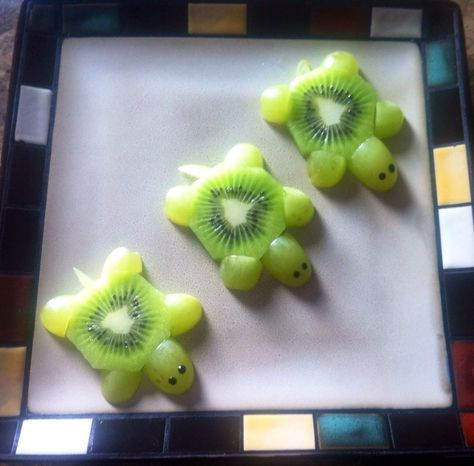 Kiwi turtles Kiwi And Grape Turtles, Kiwi Turtles, Kiwi Turtle, Food Sculpture, Food Carving, Green Turtle, Funny Food, Food Humor, Fun Food