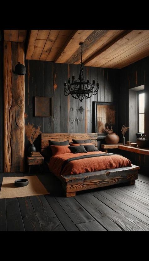 Bedroom Transformation, Black Bed Frame, Cabin Bedroom, Masculine Bedroom, Moody Bedroom, Mens Bedroom, Bedroom Wall Colors, Bedroom Decor Design, Rustic Bedroom