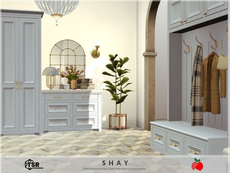 a bright and elegant hallway in light gray and gold. this is a sims 4 room made with cc. by melapples 🍎 TSR The Sims Resource - Sims 4 - Residential - melapples Hallway Cc Sims 4, Sims 4 Cc Furniture Entry Way, Sims 4 Cc Entrance Decor, Sims 4 Cc Hallway Decor, Sims Hallway, Sims 4 Mudroom Cc, Sims 4 Foyer, Sims 4 Entryway Cc, Sims 4 Mudroom