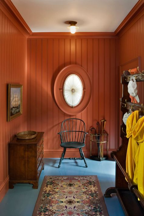 See more of Jayne Design Studio's "Penobscot Bay House" on 1stdibs Mudroom Design, Orange Interior, Wooden Stairs, Red Rooms, Décor Diy, Kitchen Colors, Interior Paint, Interior Inspiration, Kitchen Ideas