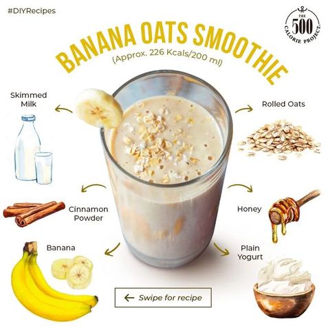 The 500 Calorie Project on Instagram: "Banana Smoothie recipe to try today! Get your dose of fibre, vitamins, protein, and minerals in one go! #DIYrecipes #Recipe #Smoothierecipe #HealthyFood #Healthy Recipes #HealthyLife #HealthyLiving #Smoothiegoals #BananaRecipeis #BananaSmoothie #HealhtyTreat #HealthyBreakfast #Vitamins #Protiens" Oat And Banana Smoothie, Oats Banana Smoothie, Protien Smoothies Recipes, Oats Smoothie Recipes, 500 Calorie, Banana Smoothie Recipe, 500 Calories, Honey And Cinnamon, Plain Yogurt