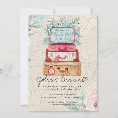 Travel Invitation, Luggage Trunk, Trunk Party, Vintage Luggage, Dorm Essentials, Retro Theme, Graduation Announcements, Graduation Invitations, Grad Parties