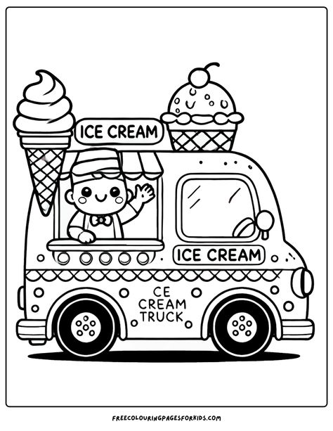 This whimsical design showcases a cheerful ice cream truck adorned with a towering ice cream cone, alongside a friendly vendor who’s excited to greet young artists. Colouring For Kindergarten, Ice Cream Outline, Ice Cream Coloring, Ice Cream Pictures, Christmas Ice Cream, Ice Cream Coloring Pages, Free Kids Coloring Pages, Color Sheets, Kid Coloring Page