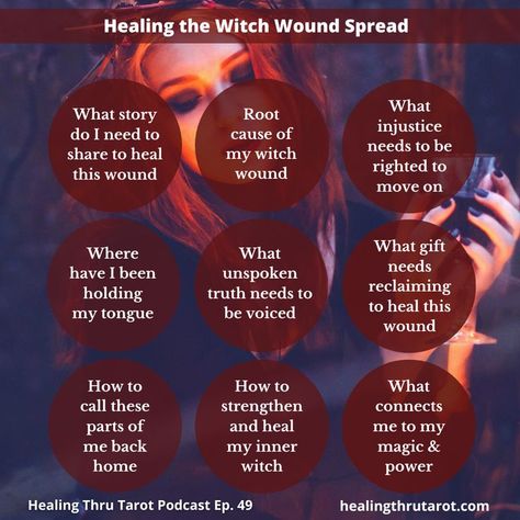 Healing the Witch Wound Spread (Healing Thru Tarot custom spread). Goes with Episode 49 of The Healing Thru Tarot Podcast titled: Healing the Witch Wound + Review of the Oracle of the Witch: Reclaim Your Birthright Deck - In this episode, I discuss healing the witch wound and review the Oracle of the Witch: Reclaim Your Birthright deck and Spells: A Little Deck of Enchantments. Link to this podcast episode on my anchor public page is above. Check it out! Witch Samhain, Witch Wound, Witch Powers, Black Magick, The Oracle, Energy Healer, Season Of The Witch, Tarot Readers, Life Path