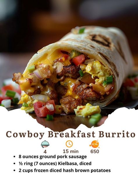 Cowboy Breakfast Burrito, Cowboy Breakfast, Easy Mexican Recipes, Million Dollar Chicken, Fresh Strawberry Pie, Breakfast Burrito, Easy Mexican, Mexican Food Recipes Easy, Pork Sausage