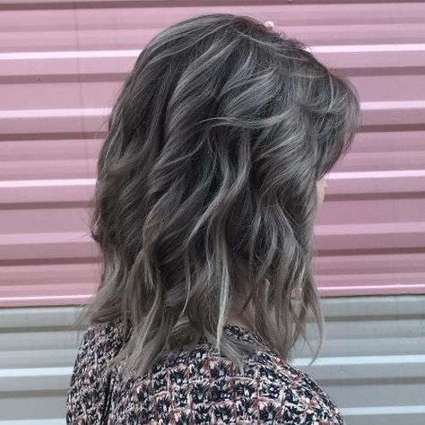 Silver Babylights On Dark Hair, Shades Of Grey Hair Color, Silver Babylights, Silver Hair Color Ideas, Silver Hairstyles, Deep Brown Hair, Shag Hairstyle, Vegan Jambalaya, Dark Grey Hair