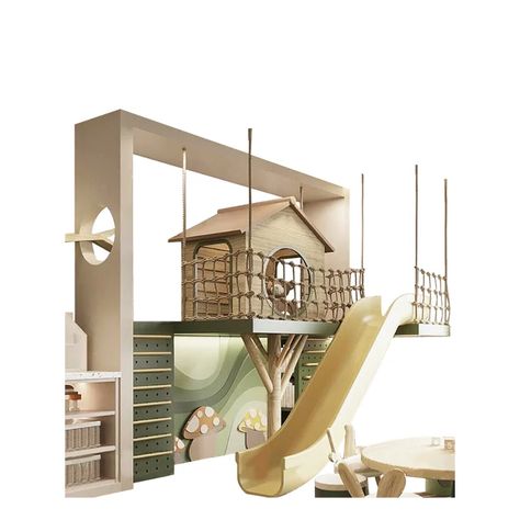 Kids Play House Indoor, Indoor Playroom With Slide, Kids Clubhouse Interior Tree, Indoor Tree House, Playground Slide Design, Wood Playground, Playplace Indoor Playground, Dino Room, Game House