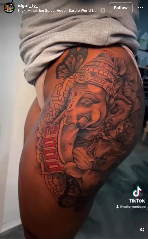 Leg Tattoos Women With Meaning, Hip Tattoos Women Elephant, Black Woman Leg Tattoo, Back To Thigh Tattoo Women, Alexis Sky Tattoo, Thigh Tattoo Ideas Black Women, Colorful Thigh Tattoo Women Black, Elephant Thigh Tattoo Black Women, Leg Tats For Women Thigh Piece