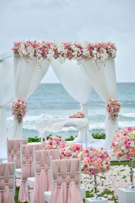 Soft shades of pink set against the backdrop of an ocean blue #weddingdestinationideas #beachwedding #destinationweddingplanning Wedding Setup, Dream Beach Wedding, Wedding Mandap, Wedding Entrance, Wedding Venue Decorations, Wedding Set Up, Beach Wedding Decorations, Wedding Stage Decorations, Wedding Decor Inspiration