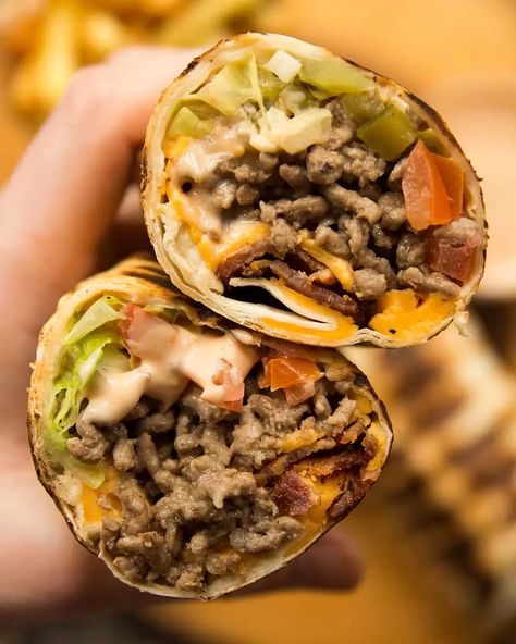 Cheese Burger Burrito, Cheese Burger Tortilla Wraps, Cheesy Bacon Burger Wraps, Bacon Cheeseburger Wraps, Cheeseburger Crunch Quesadilla, Cheeseburger Burrito, Ideas With Ground Beef, Cheeseburger Wraps, Sandwich Wraps Recipes